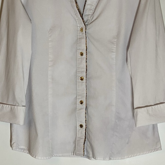 New Direction Top Womens Large White Leopard Trim Button Down Cuff Shirt Classic - Picture 4 of 16